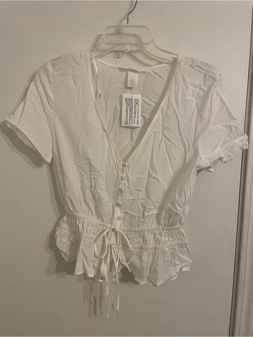 H&M White V-Neck Button Peplum Tie Waist Top